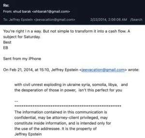 مراسلات بريد إلكتروني مسرّبة بين إيهود باراك وجيفري إبستين 