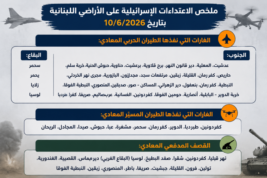 ملخص الاعتداءات الإسرائيلية على الأراضي اللبنانية بتاريخ 10/6/2026 ملخص الاعتداءات الإسرائيلية على الأراضي اللبنانية بتاريخ 10/6/2026